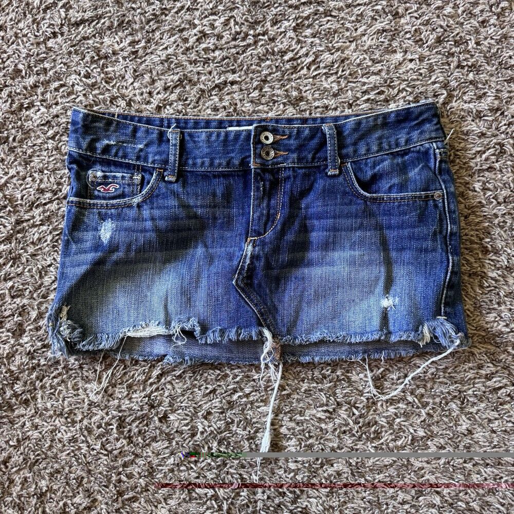 Vintage Hollister Skirt Womens Size 1 Blue Denim Micro Mini Distressed Fray Y2K